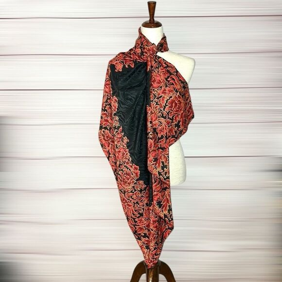 Jeannene Booher Silk Jacquard Scarf Black Red Gold Paisley Floral Hand Rolled - Picture 9 of 14